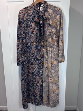 The Collective L Mixed Paisley Colorblock Tie Neck Long Sleeve Midi Dress